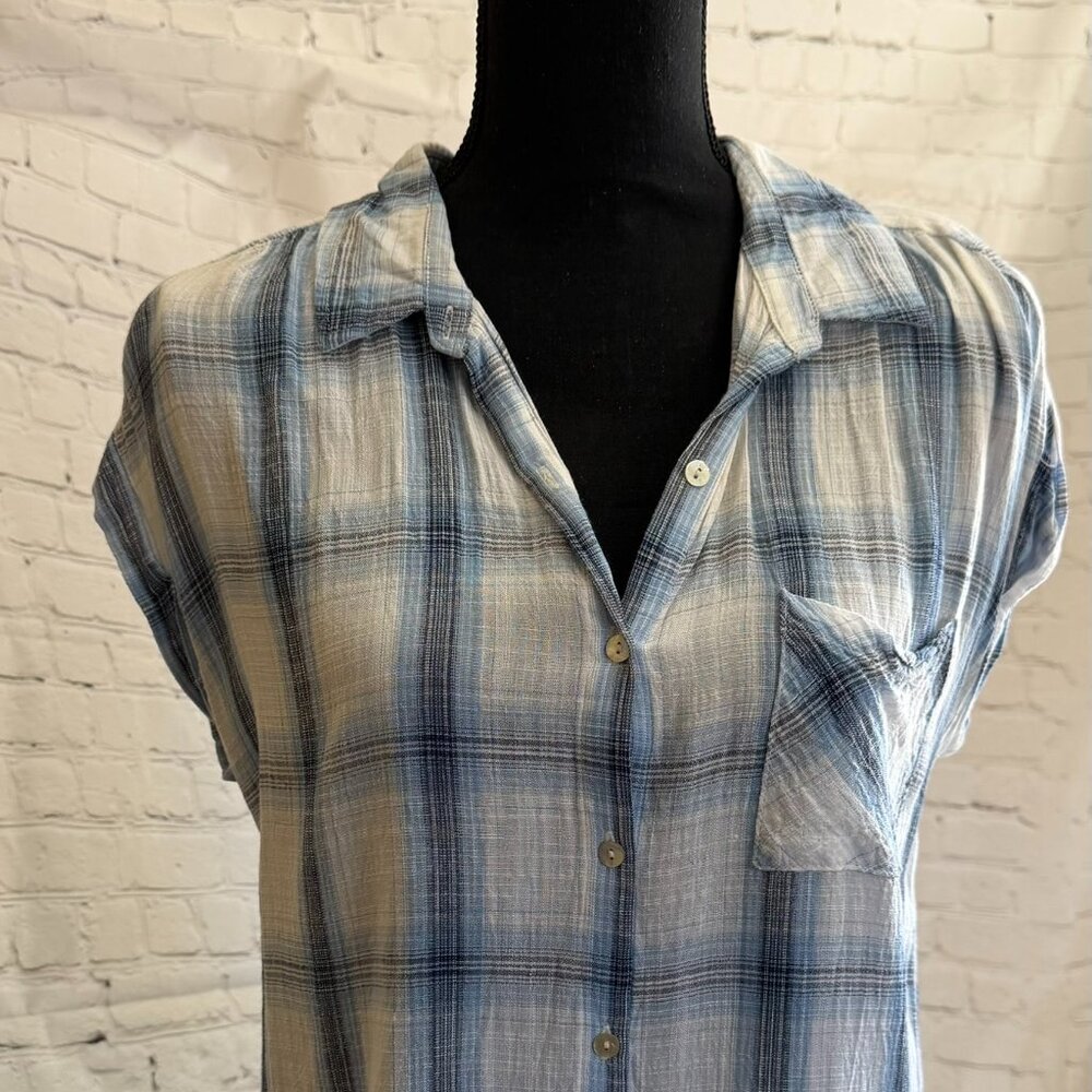 Braul Blue Plaid Short Sleeve Button Down Shirt |  Lightweight | Boho Casual